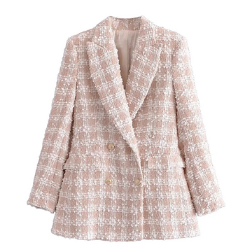 Vintage Plaid Tweed Double Breasted Beige Blazer - SunsetFashionLA